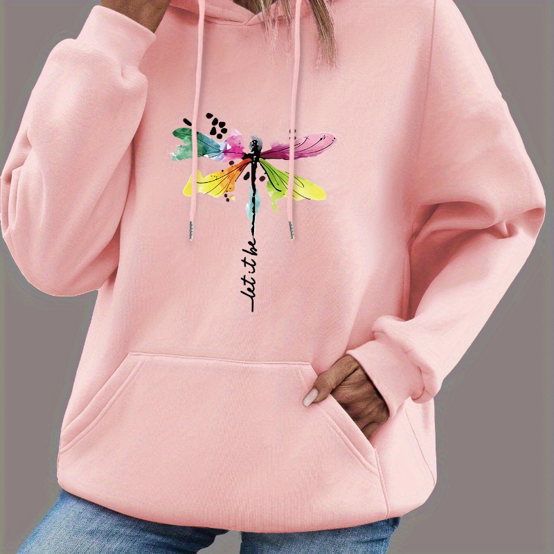 

Dragonfly Print Kangaroo Pocket Hoodie, Casual Long Sleeve Drawstring Hooded Sweatshirt, Women's Clothing