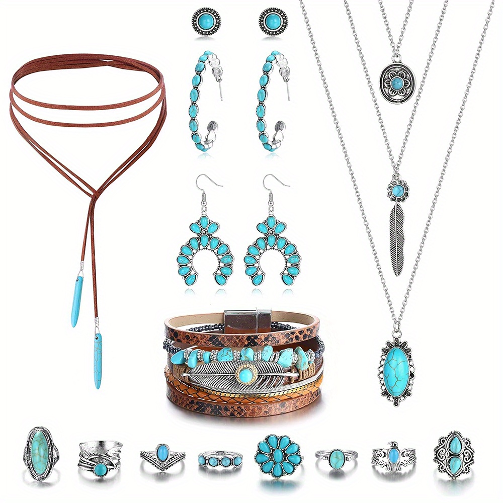 

1set Western Jewelry For Women Bohemian Turquoise Jewelry Set Turquoise Pendant Choker Necklace Turquoise Faux Leather Cuff Bracelet Turquoise Hoop Dangle Earrings Turquoise Joint Knuckle Rings