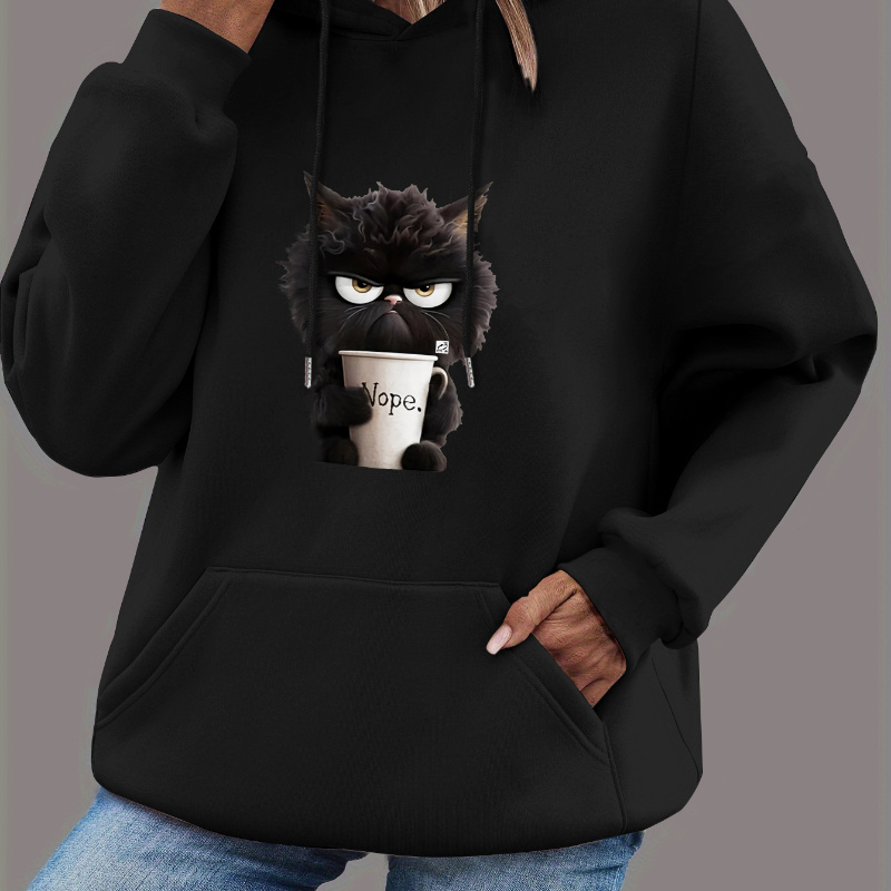 

Cat Print Kangaroo Pocket Hoodie, Casual Long Sleeve Drawstring Hooded Sweatshirt, Women's Clothing