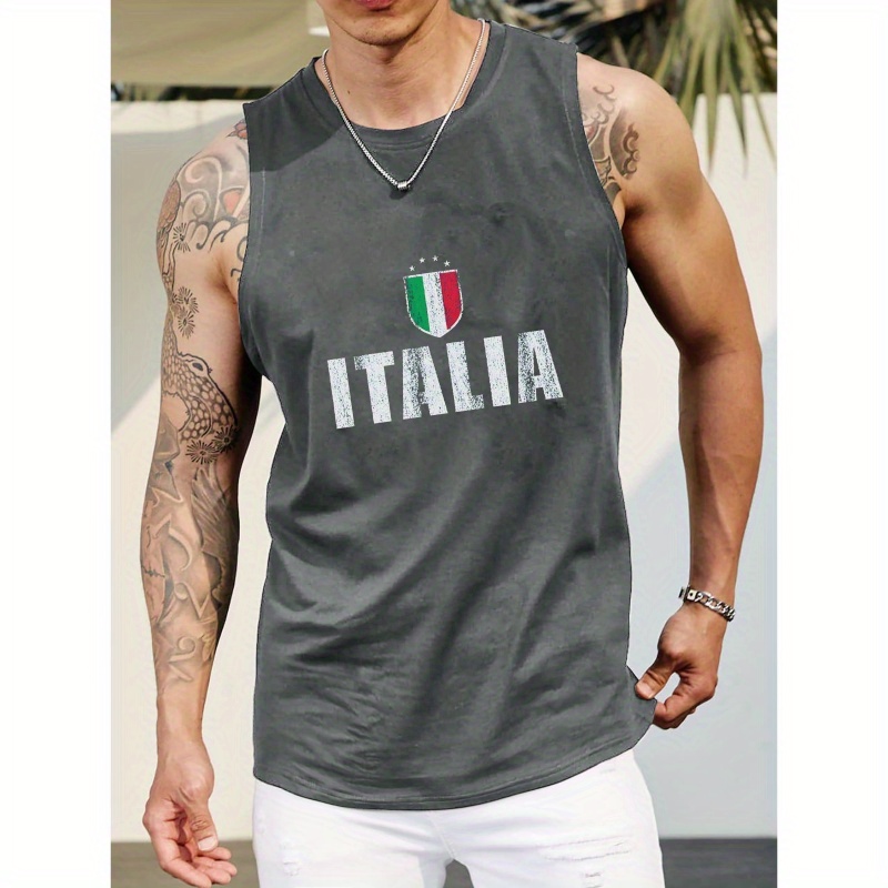 

Italia Print Plus Size Men's Tank Top, Casual Breathable Comfy Sleeveless Tops