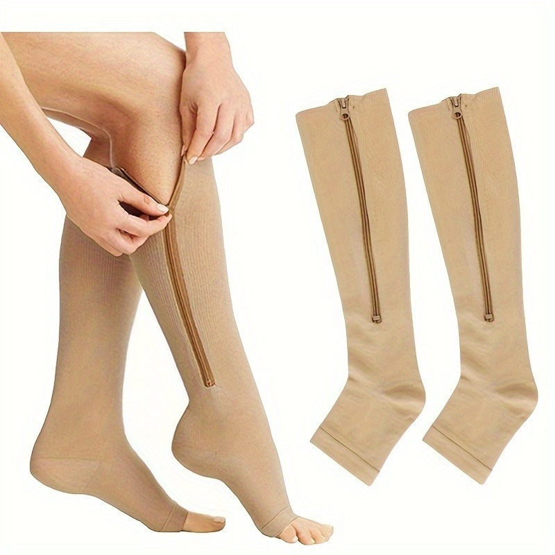 

2 Pairs Of Compression Zip Socks, Women's Open Toe Breathable Leg Support, Elastic Long Calf Socks, Comfortable And Breathable Solid Color