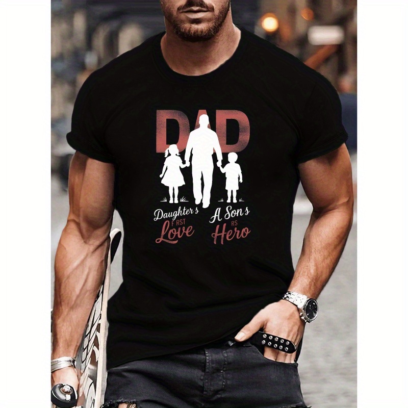 

Dad With Children Illustration Print Tee Shirt, Tees For Men, Casual Short Sleeve T-shirt For Summer