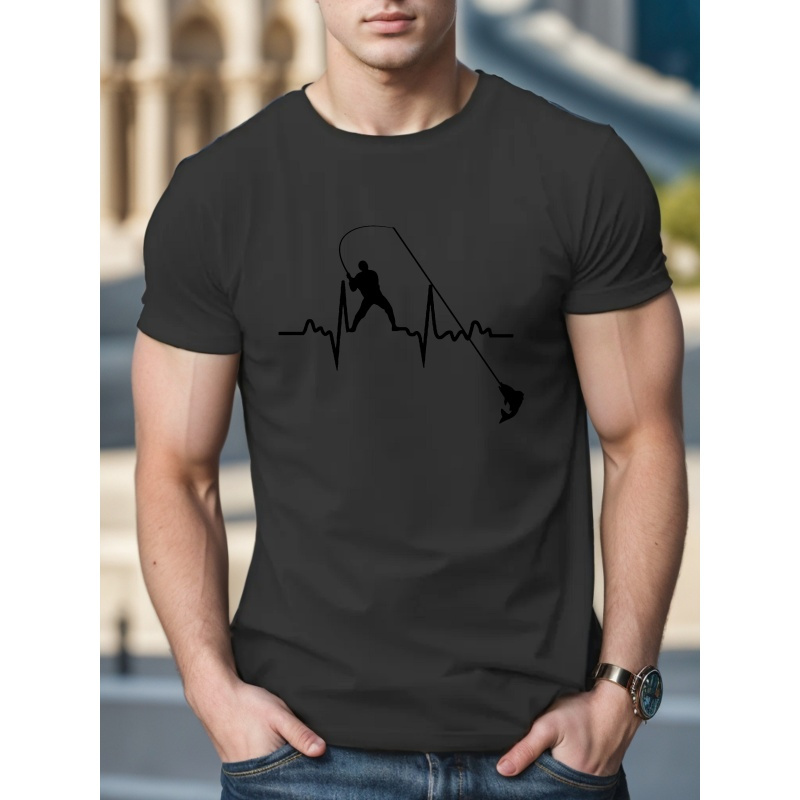 

Fishing Electrocardiogram Print Men's Fashion Comfy Breathable T-shirt, New Casual Round Neck Short Sleeve Tee For Spring Summer Men's Clothing