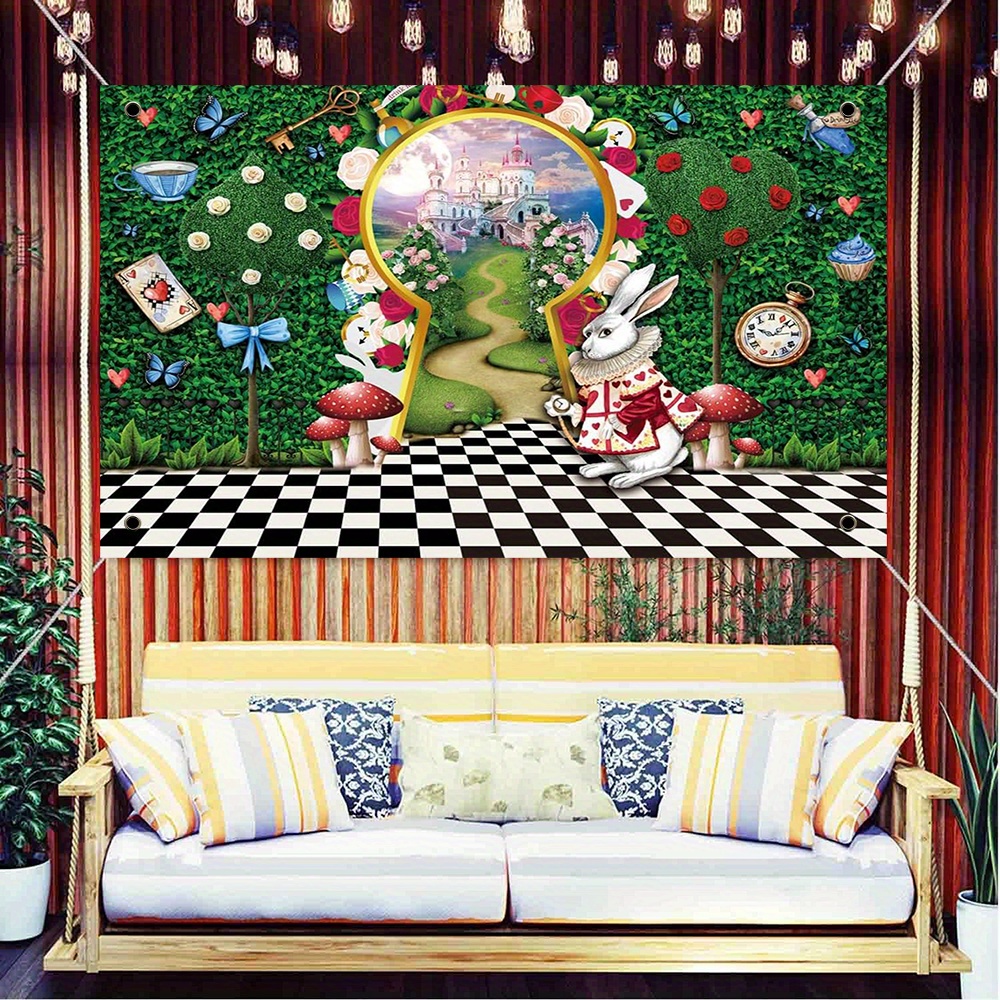 

Fairy Tale Tea Party Backdrop - Polyester Green Leaf Checkered Rabbit Fantasy Garden Photo Background For Children's Birthday Decor, Hanging No-feather Design, Electricity-free