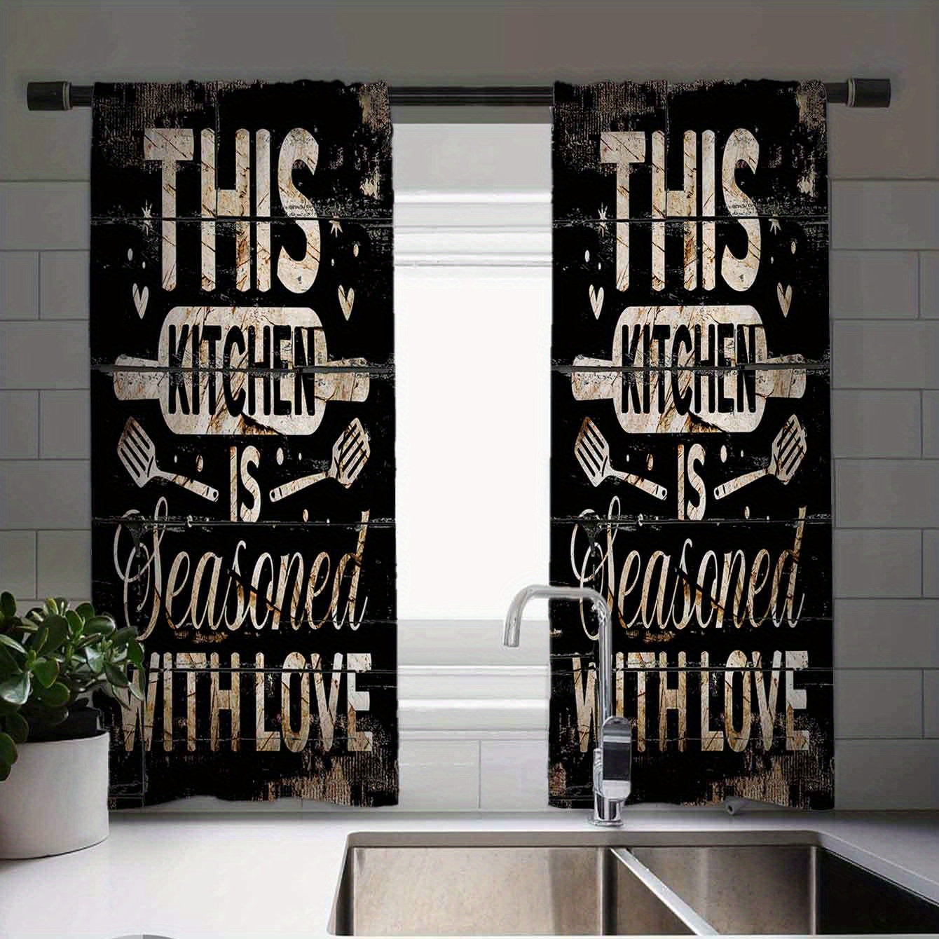 

1pc Elegant Curtains And 2pcs Cafe Curtains - Artistic Letter Print Curtains, Charming European Tableware Design - Vintage Style Window Decoration For Kitchen, Farmhouse, Living Room And Bedroom Decor