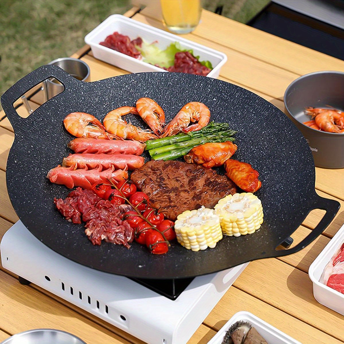 cast iron grill pan for bbq non stick   plate with integrated handles hand wash only suitable for gas   home outdoor cooking multipurpose with 6 layer coating details 0