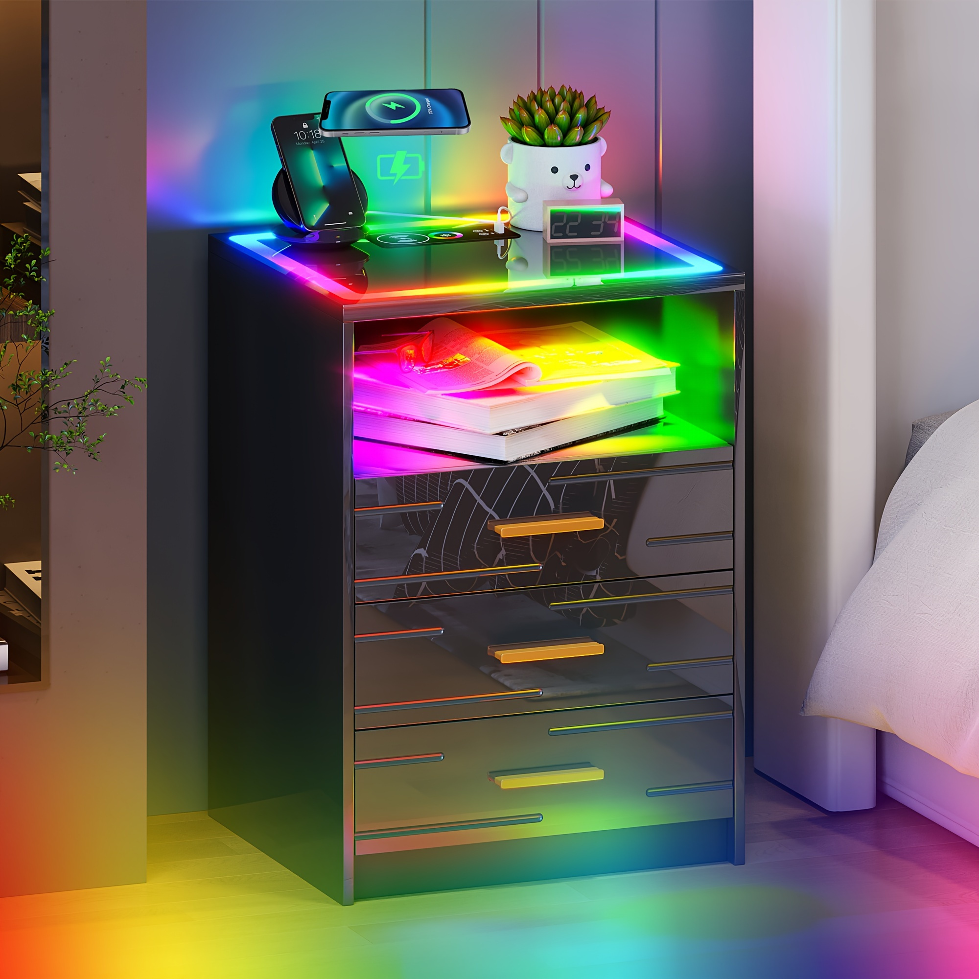 

Lvifur Led Nightstand With Wireless Charging Station And 24 Color Dimmable Auto Sensor For Bedroom Furniture, Rgb Touch Screen Night Stand With Usb&type-c Ports And 3 Drawers Father's Day Gift