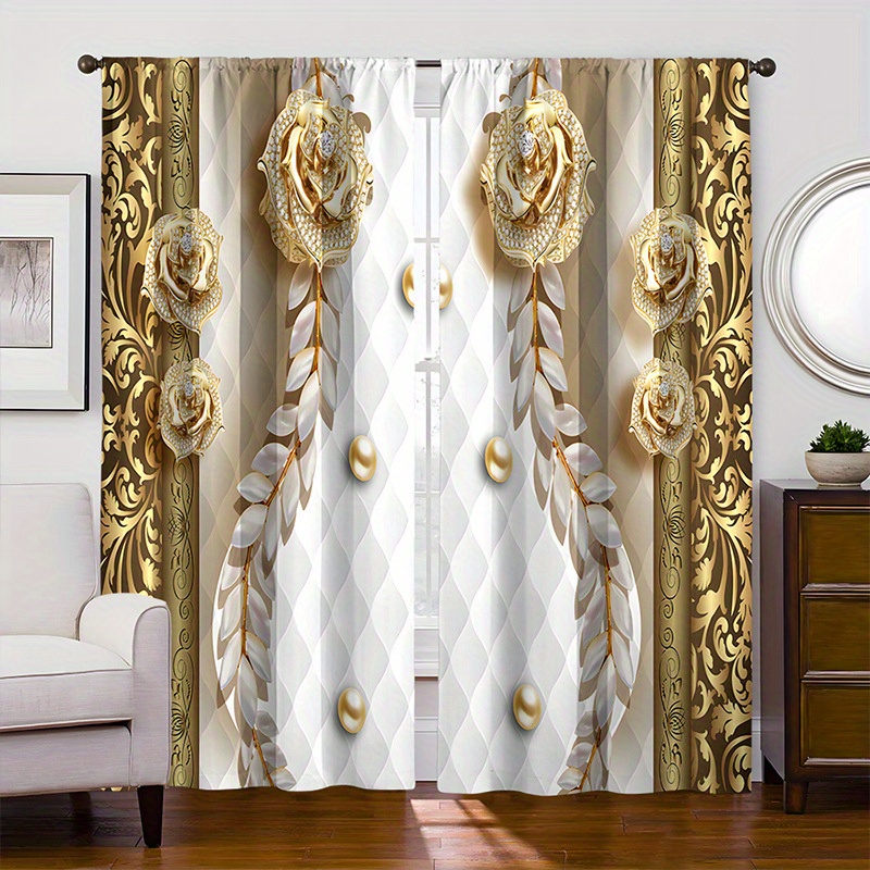 

2pcs Diamond Flower Curtain Gorgeous Print Curtain Rod Pocket Curtain, Bedroom Window Living Room Kitchen Office Home Decoration