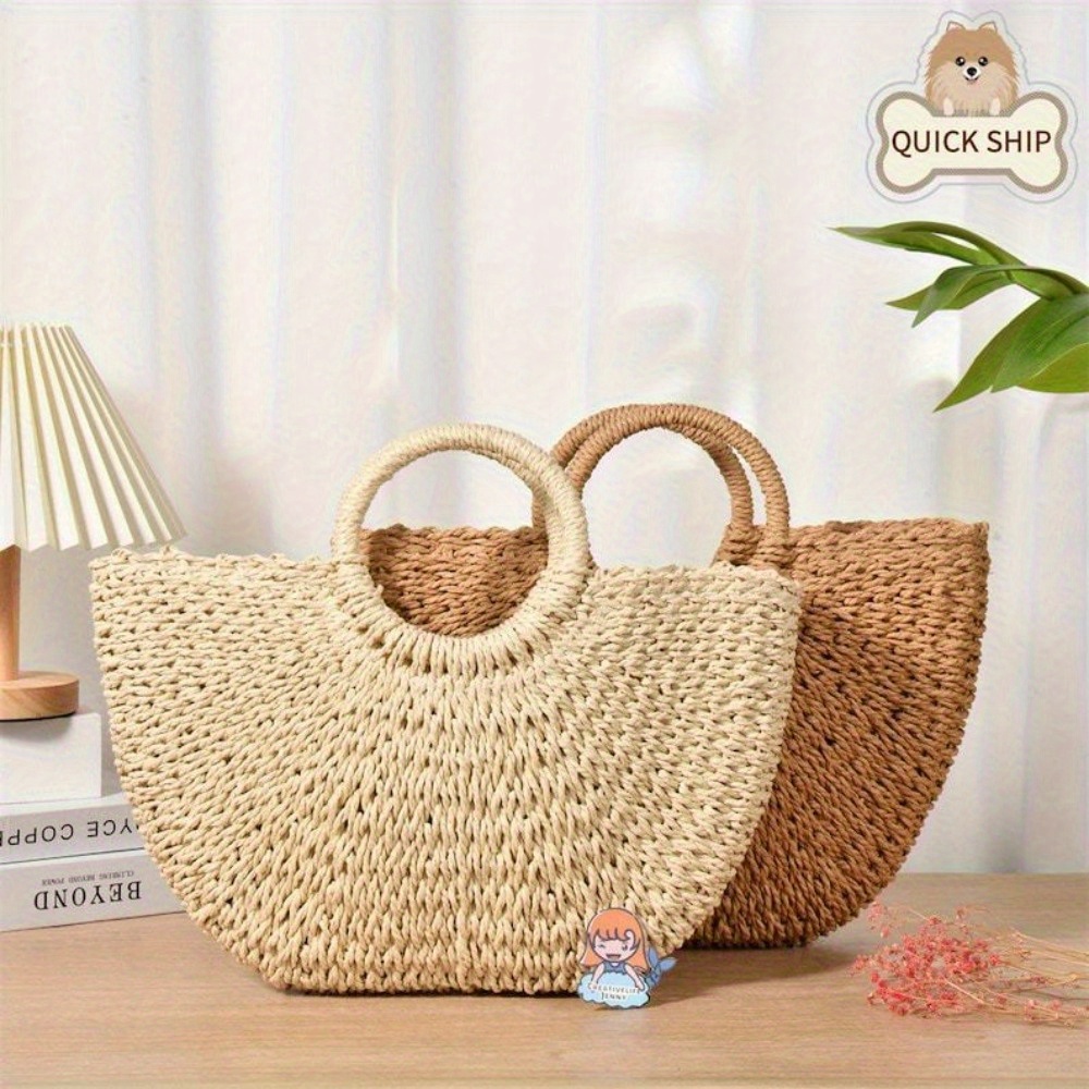 

Straw Woven Bag, Handmade Paper Rope Beach Bag, Large Half-moon Top Handle Bag, Raffia Bag, Birthday/spring/ Day Gift