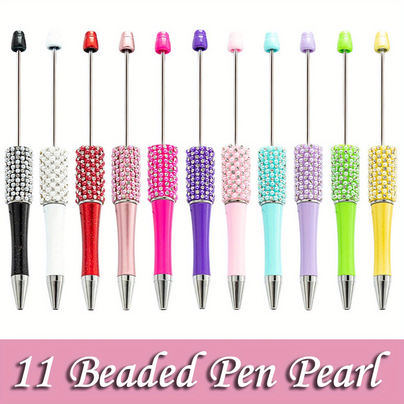 

11-piece Diamond & Pearl Beaded Ballpoint Pen Set - Creative Diy Craft Kit, Twist Closure, Medium Point, Ideal For School, Office, And Gifts Pens For Beads Beaded Pen Kits