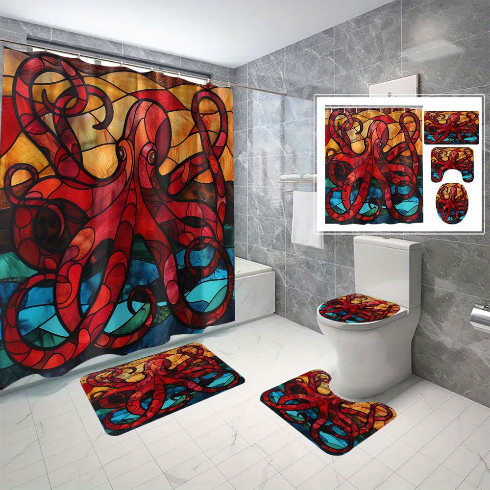 

Octopus-themed Shower Curtain Set, 4--resistant Twill Polyester Bathroom Decor With Non-puncture Hooks - Machine Washable, Includes Curtain, Bath Mat, Toilet Cover, And Contour Rug