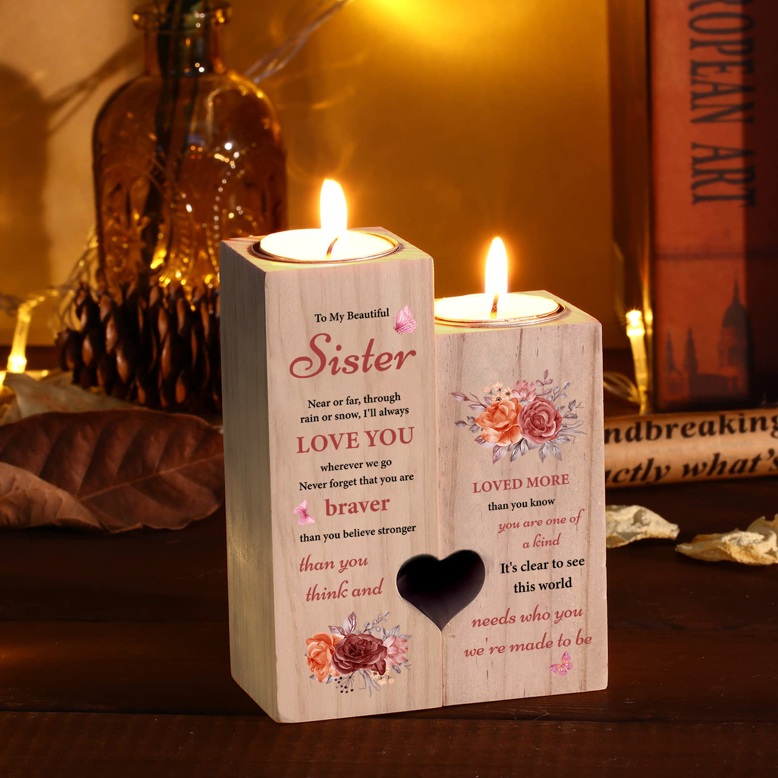 

2pcs/set Wooden Heart-shaped Candlestick To Sister (candles Are Not Included), Personalized Gift, Thanksgiving, Christmas, Birthday, Unique Candle Holders Gifts