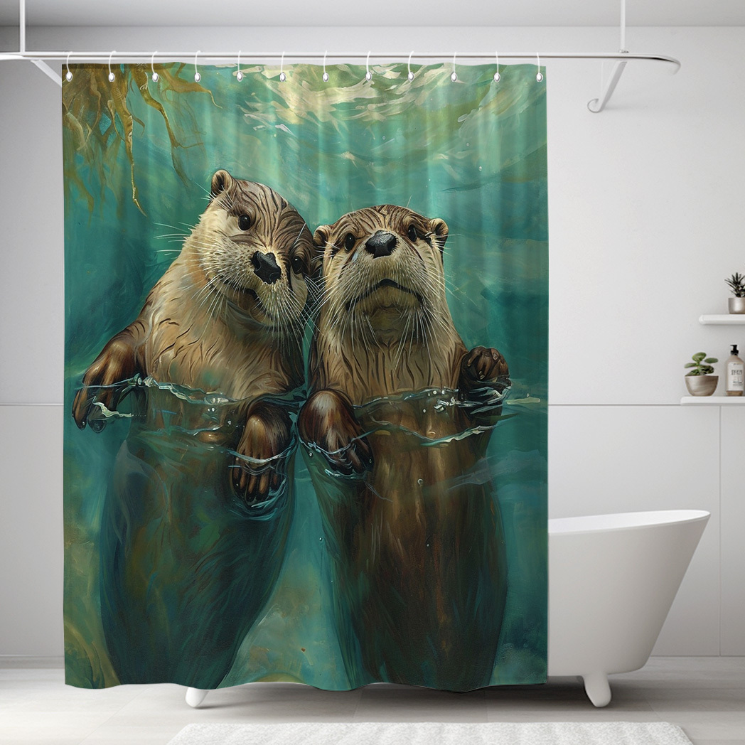 

Cute Otters In Water Print Shower Curtain - 71x71in, Waterproof Polyester With 12 Hooks Included, Perfect For Bathroom Decor & Windows