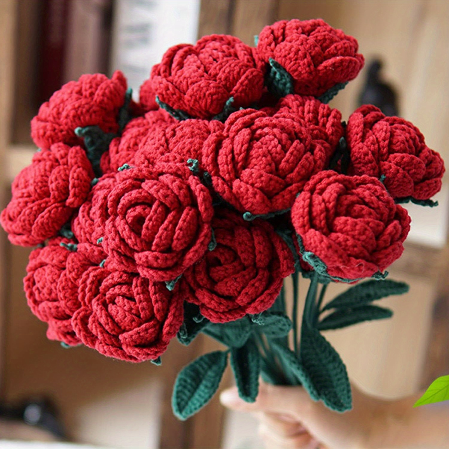 

15.75in Crochet Rose Flowers, 6pcs Crochet Flowers Red Rose Artificial Flowers Knitted Handmade Flowers Home Decor Anniversary, For Girl Women Friends Home Wedding Birthday Party Valentine's Day