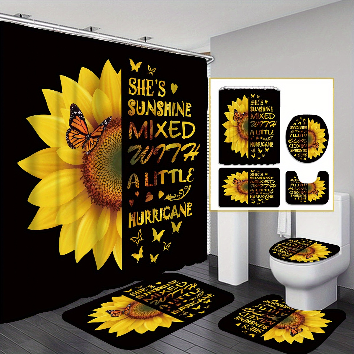 

4pcs Sunflowers Shower Curtain Gift Modern Home Bathroom Decoration Curtain And Toilet Floor Mat 3-piece Set With 12 Shower Curtain Hooks