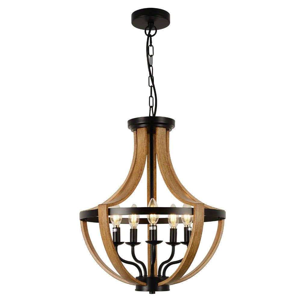 

Modern Farmhouse Entryway Light Fixture - Rustic Wood Grain Chandelier For Kitchen Island, Dining Room, Living Room, Bedroom, And Foyer, Adjustable Height, Dimmable, E12 Base (bulbs Not Included)