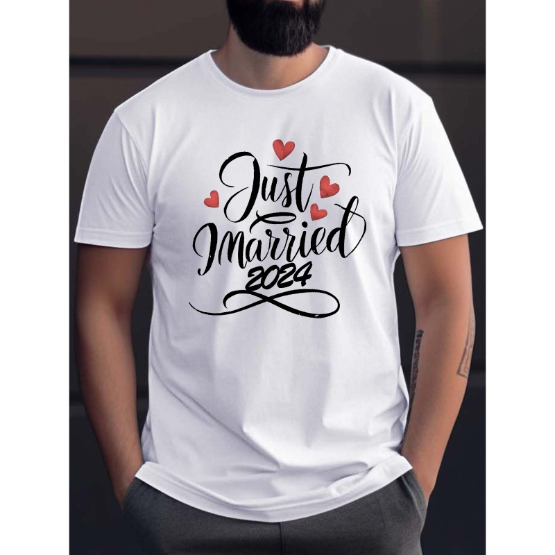 

Just Married 2024 Print Men's Crew Neck Short Sleeve Tees, Casual T-shirt, Summer Slight Stretch Comfortable & Breathable Top For Everyday Wear