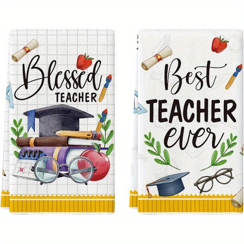 

2-piece Teacher's Day Kitchen Towels - Ultra Soft Polyester Blend, Absorbent & Lightweight Dish Towels With , Glasses & Trencher Hat Design, 18x26 Inches Cotton Kitchen Towels