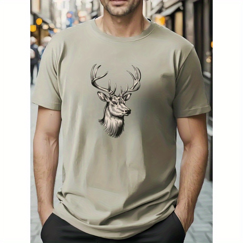 

Vintage Majestic Deer Head Print Men's Casual T-shirt, Summer Fashion Crew Neck Short Sleeve Top, Modern Streetwear Style For Men