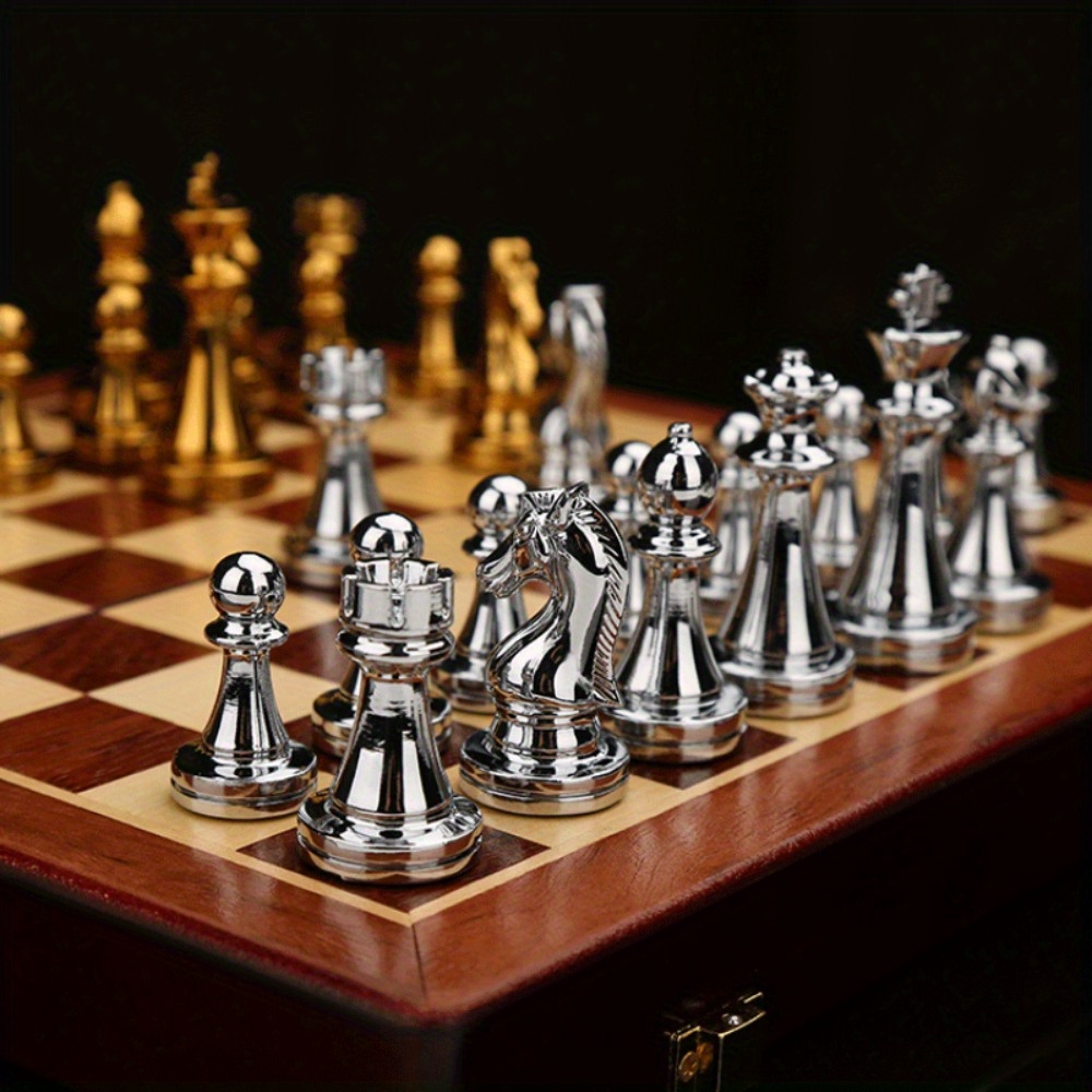 premium solid wood chess set with zinc alloy metal weighted pieces folds for easy storage details 4
