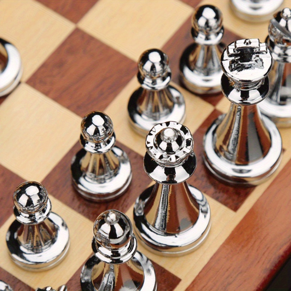 premium solid wood chess set with zinc alloy metal weighted pieces folds for easy storage details 5