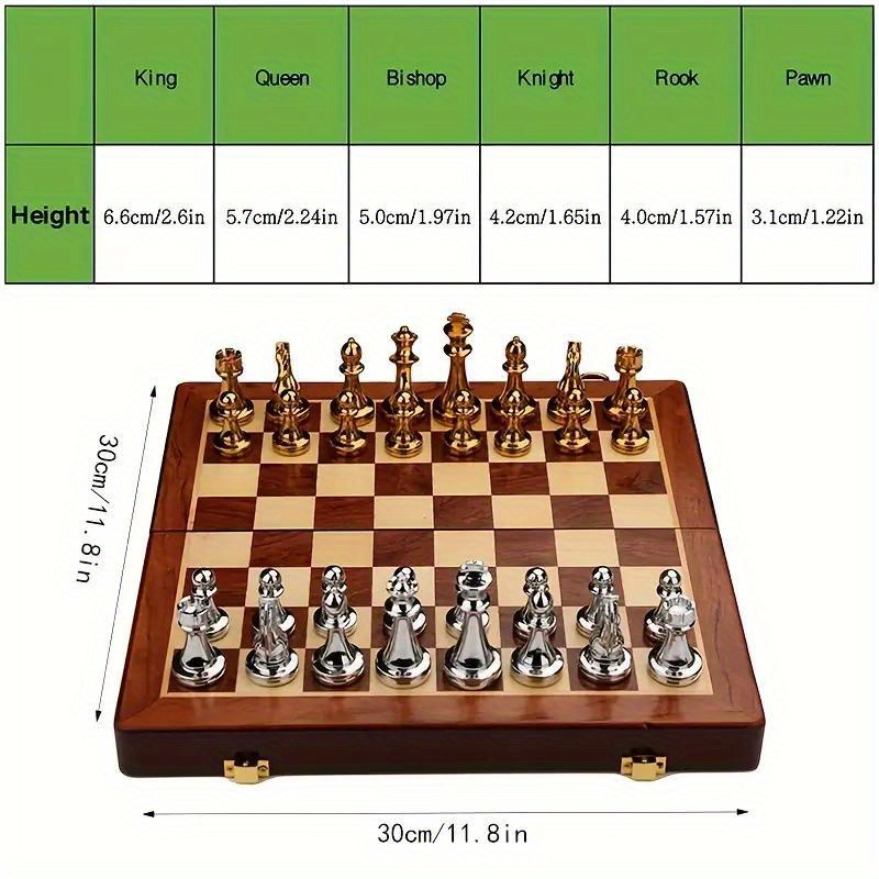 premium solid wood chess set with zinc alloy metal weighted pieces folds for easy storage details 0
