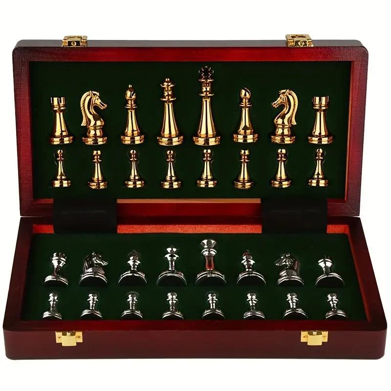 premium solid wood chess set with zinc alloy metal weighted pieces folds for easy storage details 1