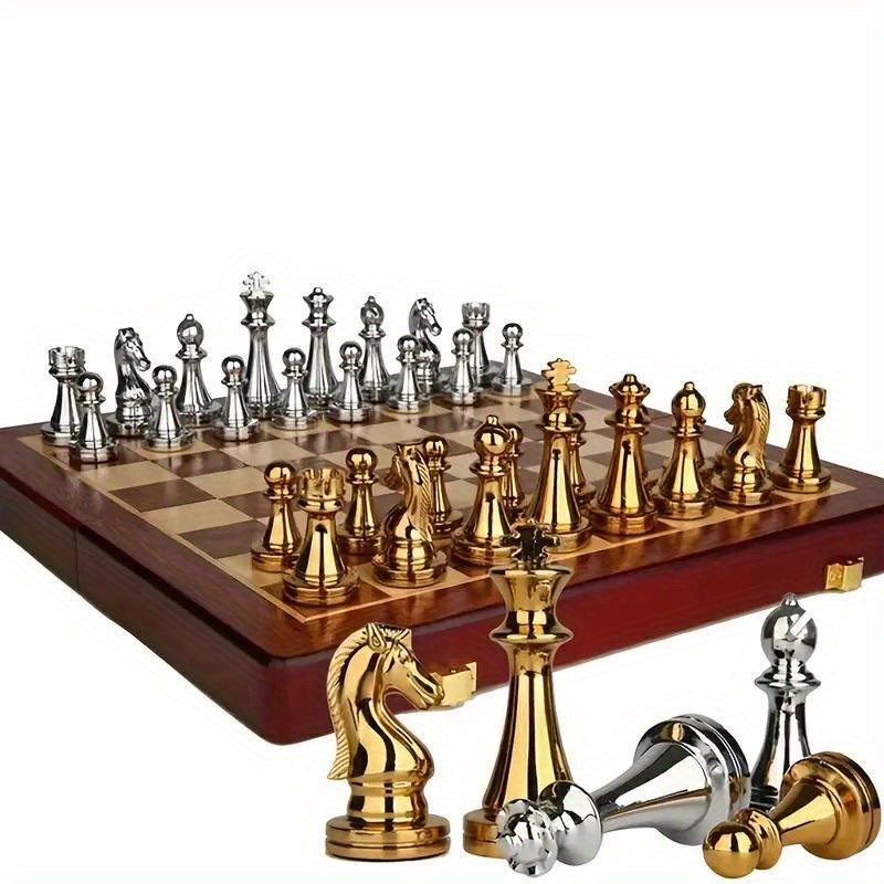 premium solid wood chess set with zinc alloy metal weighted pieces folds for easy storage details 2