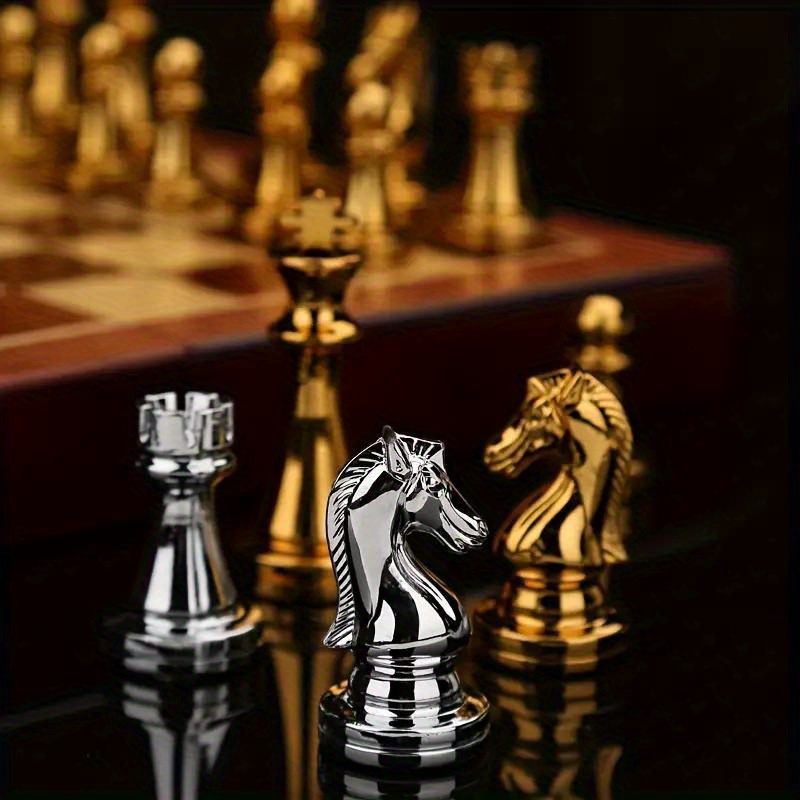 premium solid wood chess set with zinc alloy metal weighted pieces folds for easy storage details 6