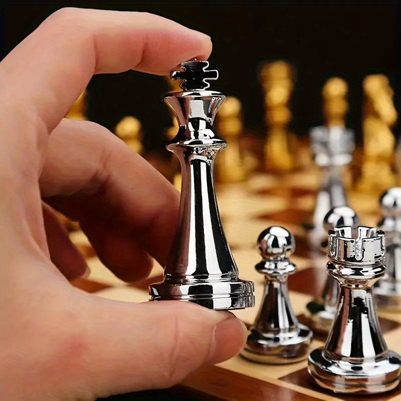premium solid wood chess set with zinc alloy metal weighted pieces folds for easy storage details 7