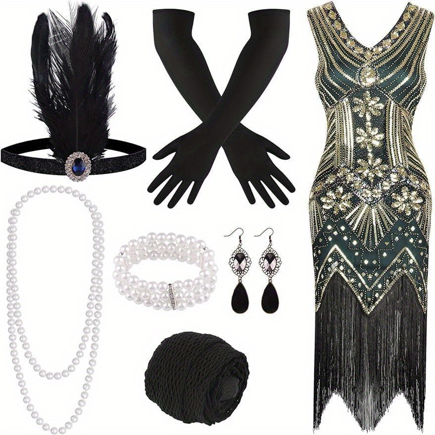 

1920s V Neck Sequin Beaded Fringed Dress With 20s Accessories Set, Faux Pearl Necklace, Bracelet, Gloves, Earrings, Vintage Accessories For Party Wear