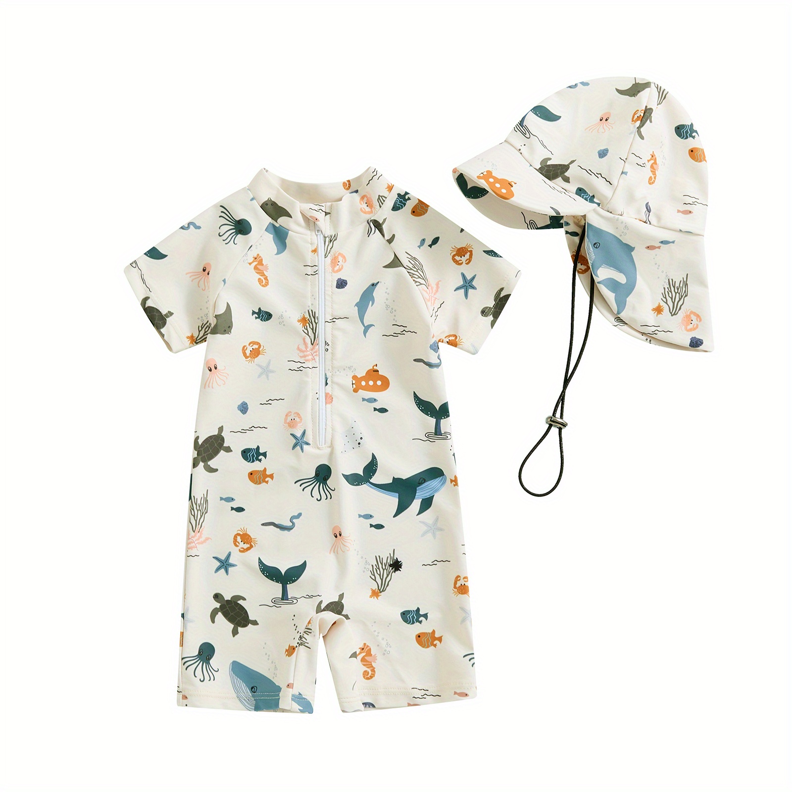

Baby Boys Cartoon Ocean Creature Pattern One-piece Swimsuit + Hat Set, Quick Dry, Summer Holiday Beach Swimwear