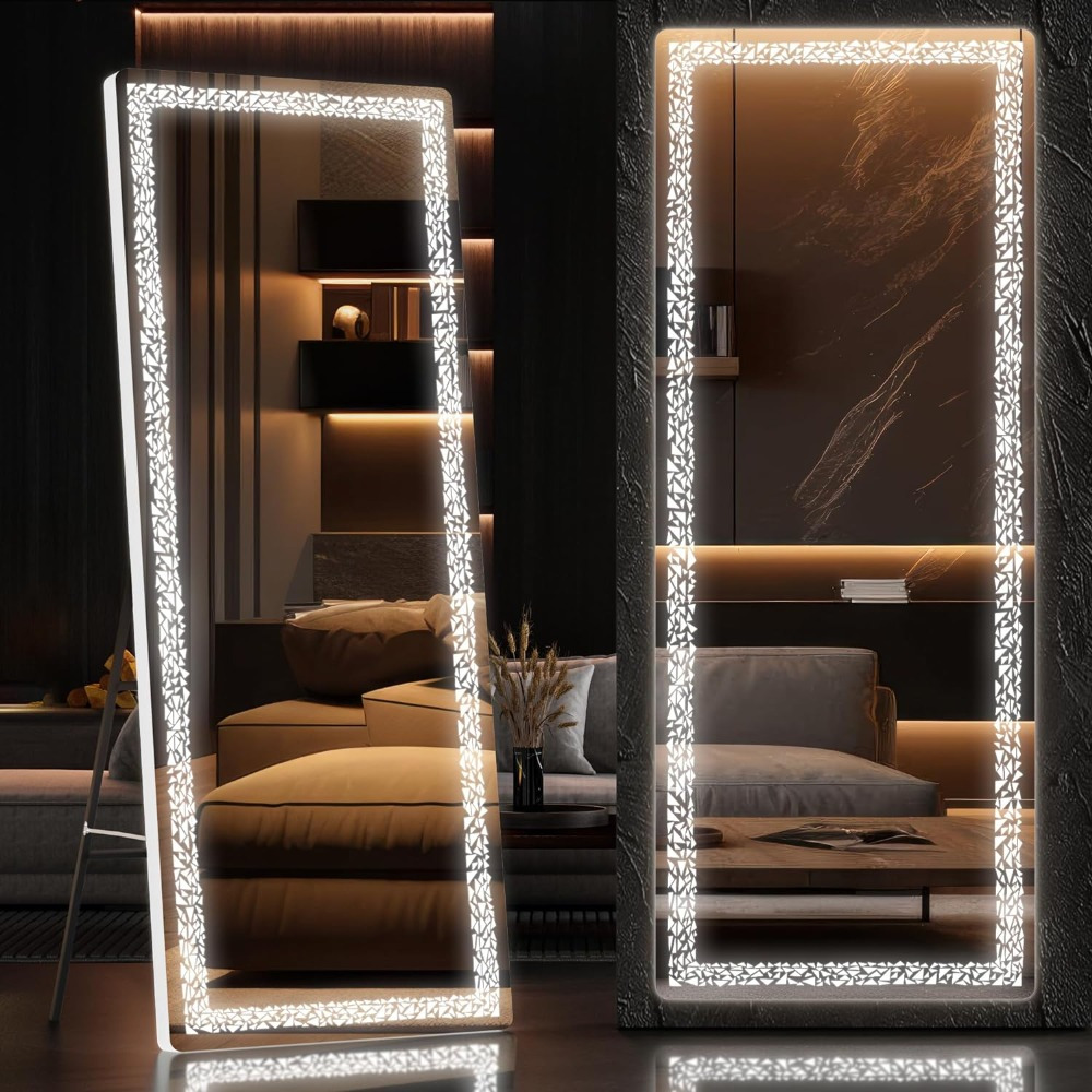 

Hasipu 56" X 16" Led Full Length Mirror With Triangle Pattern, Full Body Mirror With Stand, Wall Mounted And Floor Standing Mirror Dimming & 3 Color Modes (white)