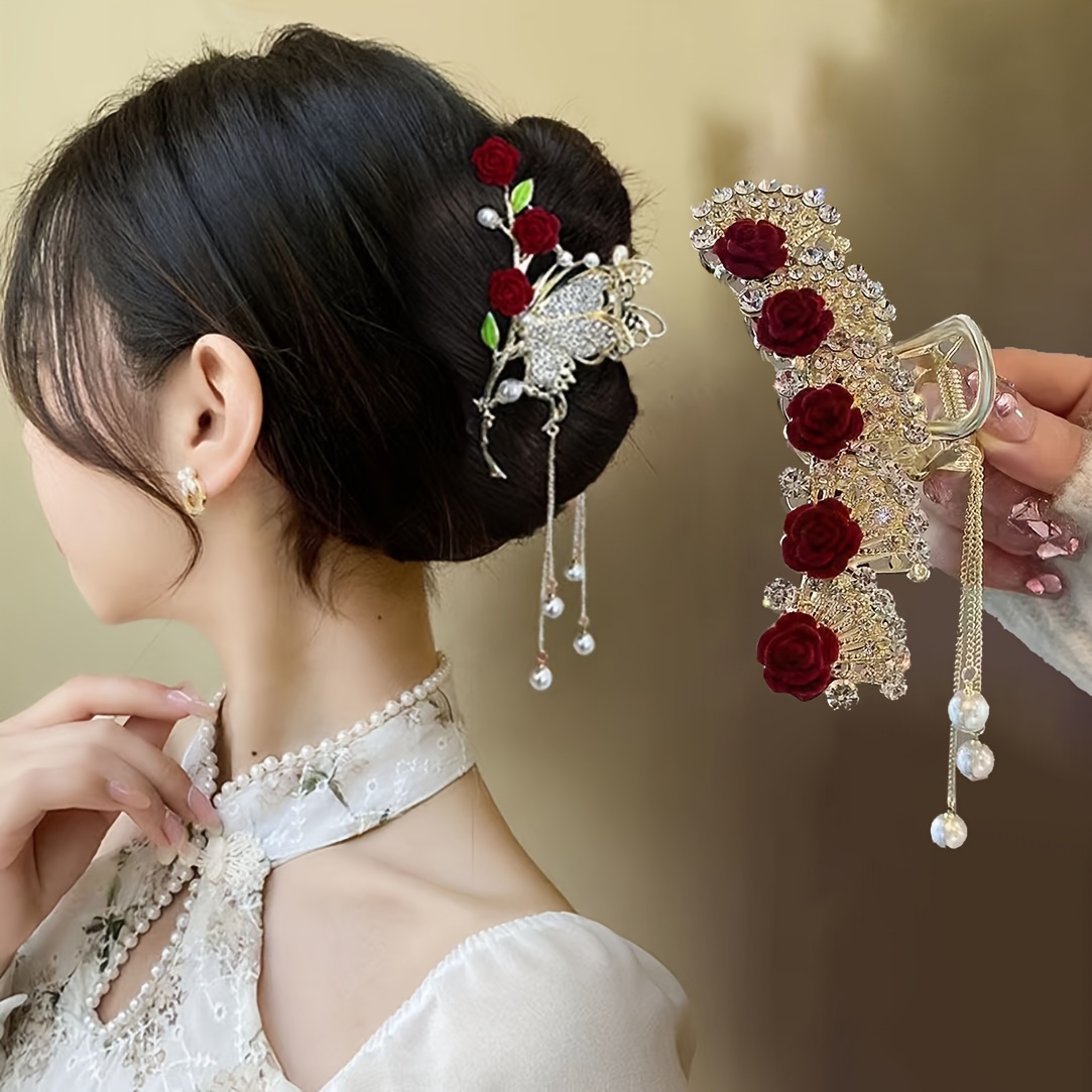 

2-piece/set French Style Tassel Rose Hair Clip With Ponytail Stand, Bridal Headwear Hair Accessory, Retro Rose Decoration Hair Clip