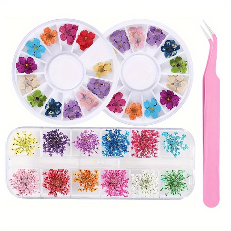 

24 Pieces Dried Flower Nail Art Decoration Kit With Tweezers - Assorted Natural Floral Nail Charms Accessories, Unscented