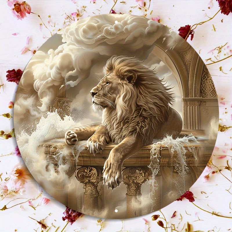 

Lion Art Decor Metal Sign – 1pc 8"x8" Waterproof Aluminum Wall Hanging With Hd Lion Print – Pre-drilled, Weather-resistant Round Door Sign For Home Decor