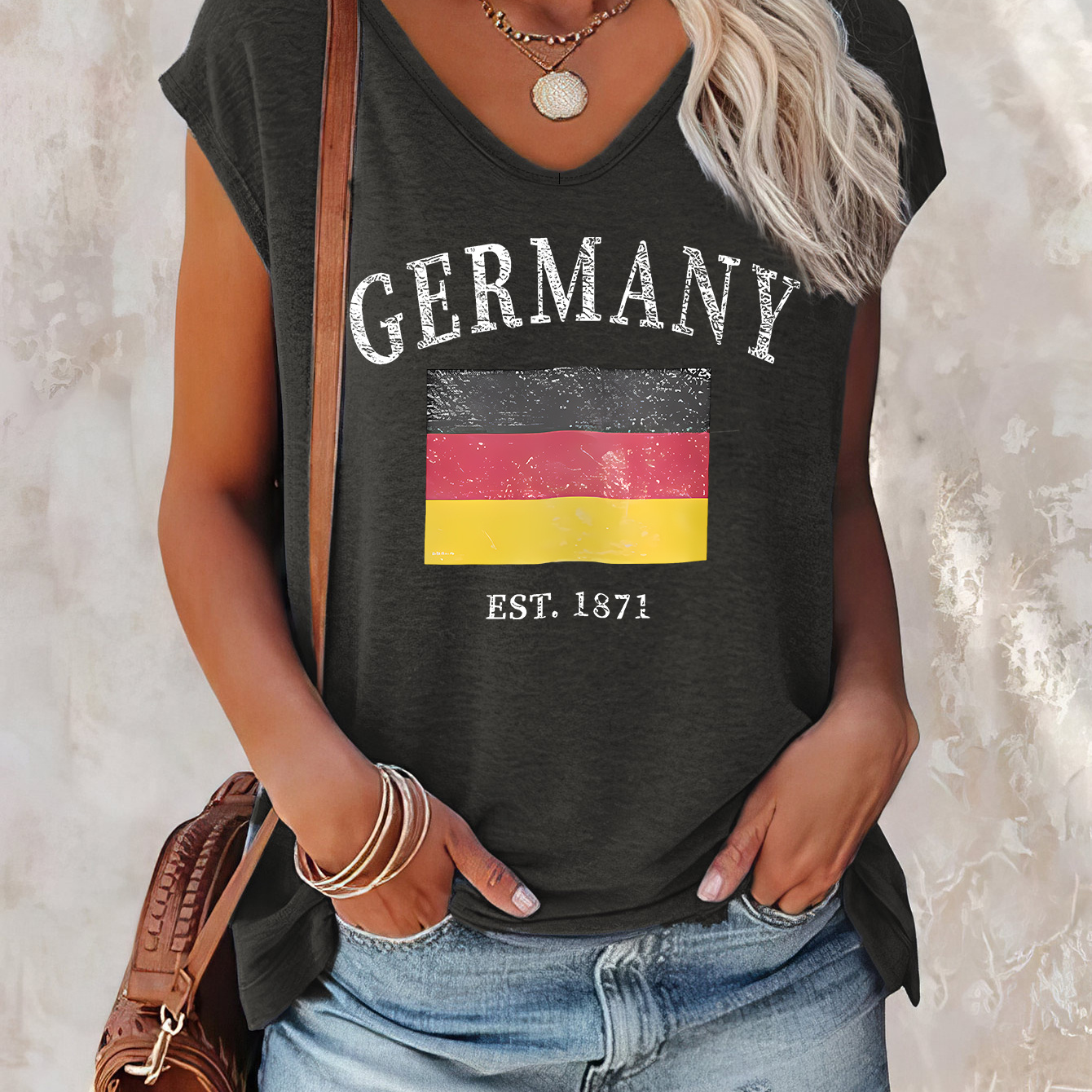 

Germany Flag Print Cap Sleeve Tank Top, Casual V-neck Top For Summer & Spring, Women's Clothing