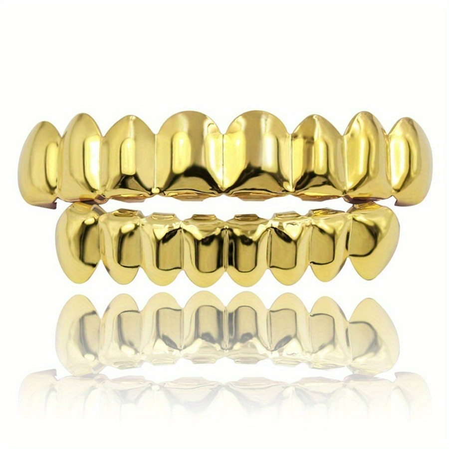 2pcs set   8 glossy teeth grillz hip hop golden color plated tooth caps decor for women men jewelry