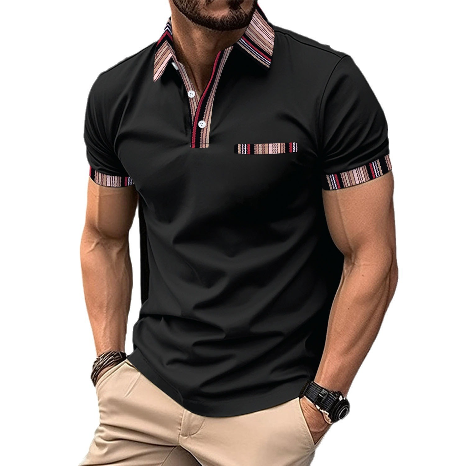 

2024 New Men's Casual Polo Shirt With False Chest Pocket Stripe Colored Button Versatile For Men
