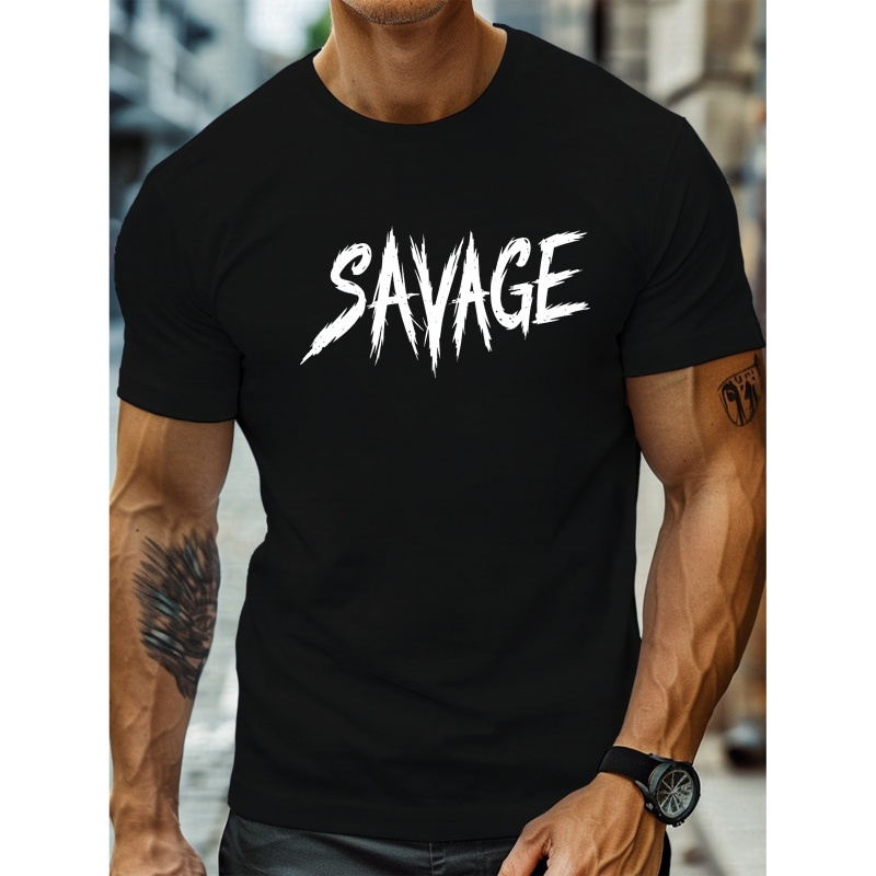 

Men's Round Neck Short Sleeve Tee With Simple Savage Word Print, Art Font Style, Trendy Basic Top For Daily And Outdoor Wear