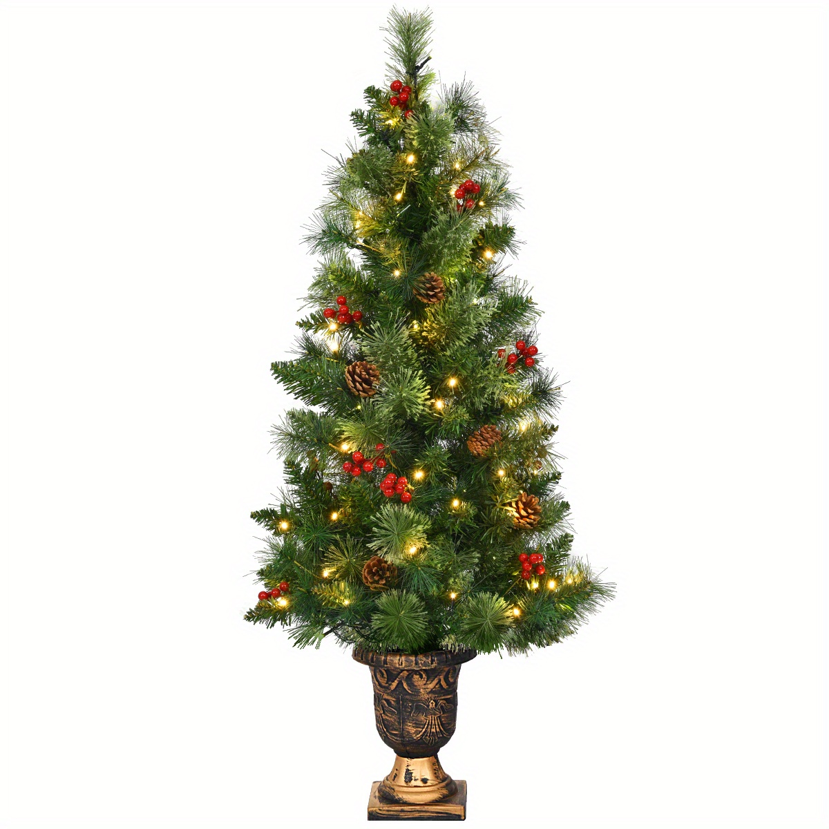 

Costway 3ft Pre-lit Christmas Entrance Tree In Urn W/ 40 Led Light Red Berries Pine Cone