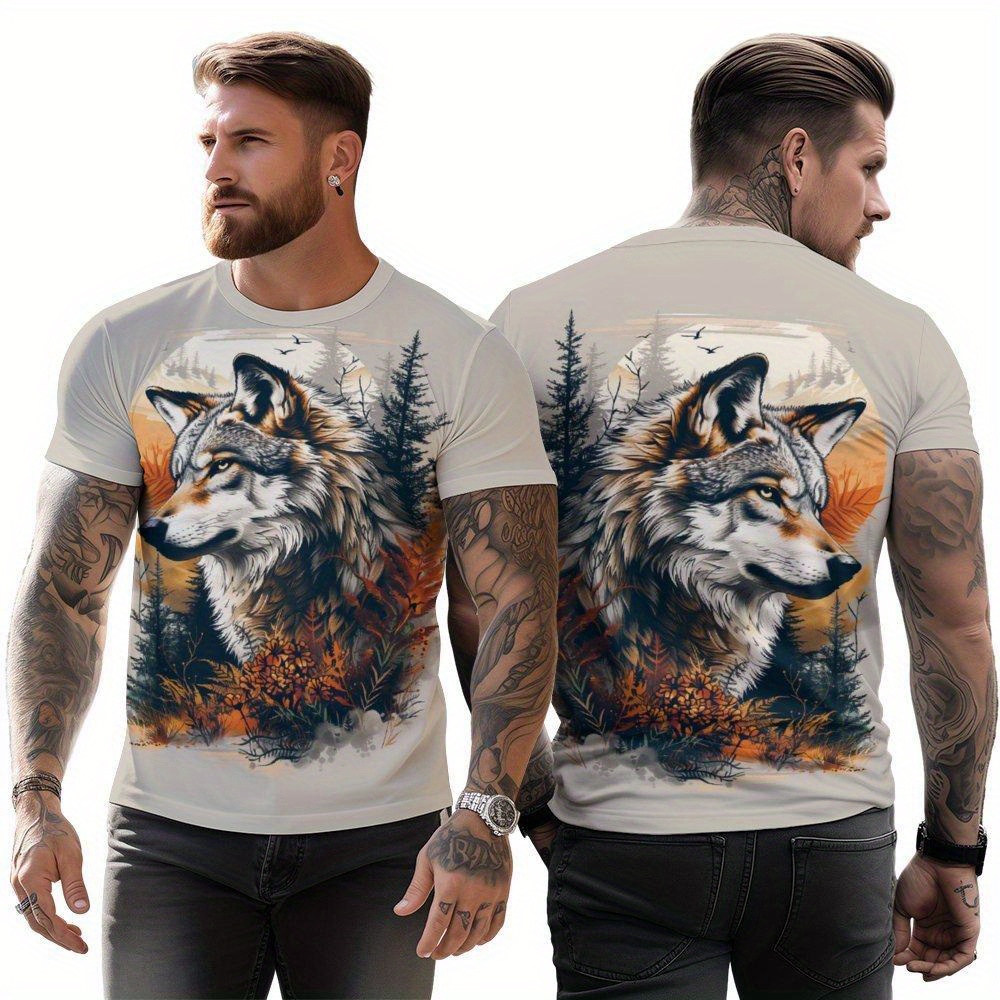 

Animal Wolf Pattern Men's Fashion Crew Neck Short Sleeve Sports Tee, Versatile And Comfortable T-shirt, Athletic Style Clothing For Summer And Spring, As Gifts