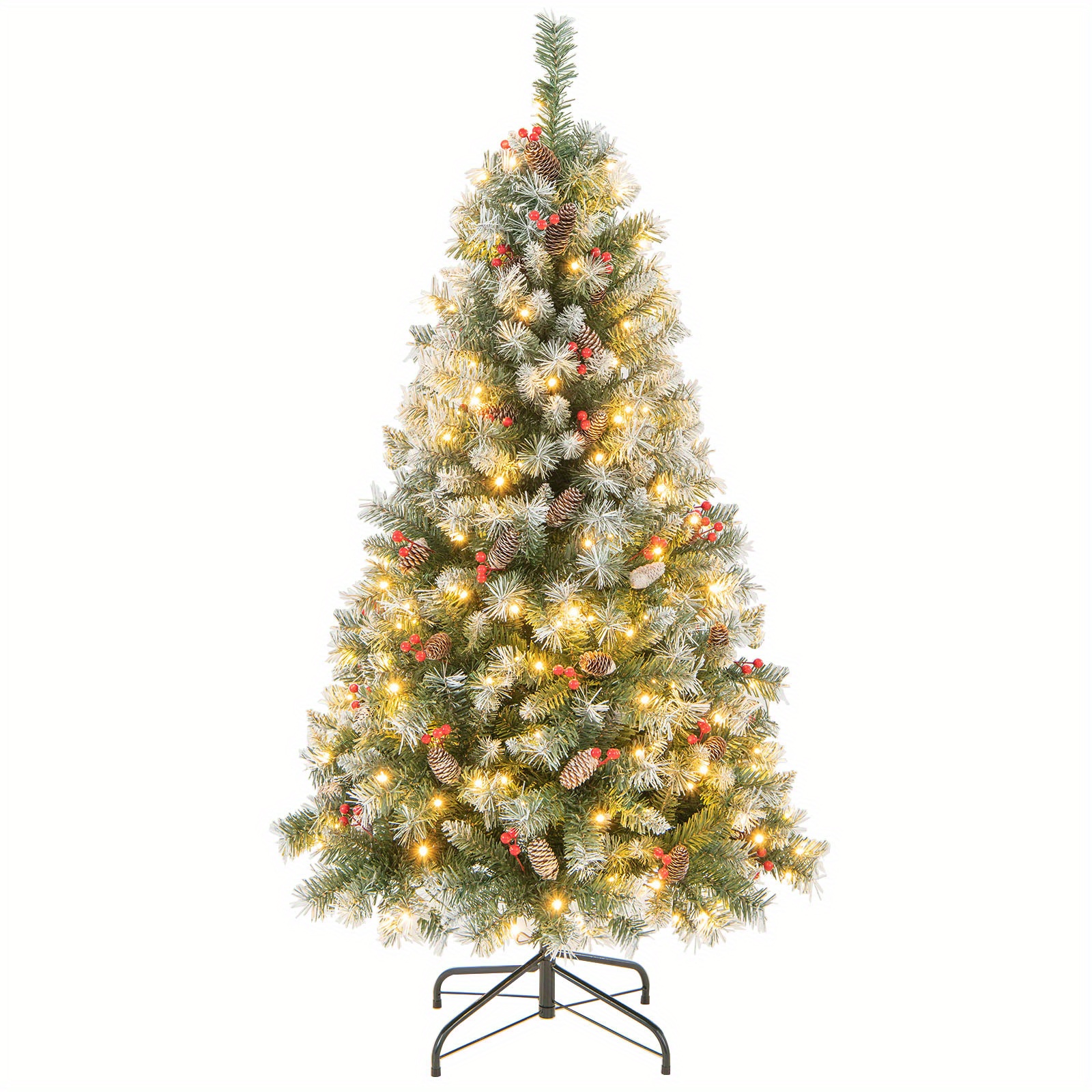 

Costway 5 Ft Artificial Christmas Tree Hinged W/ 200 Warm Led Lights & 126 Red Berries