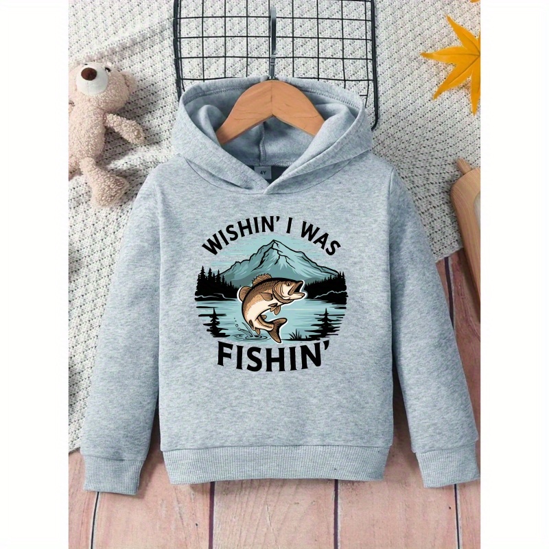 

Wishing I Was Fishing Graphic Print, Boys Stylish & Trendy & Warm Long Sleeve Hoodie With Fleece For Fall & Winter, Boys Hooded Sweatshirt For Streetwear