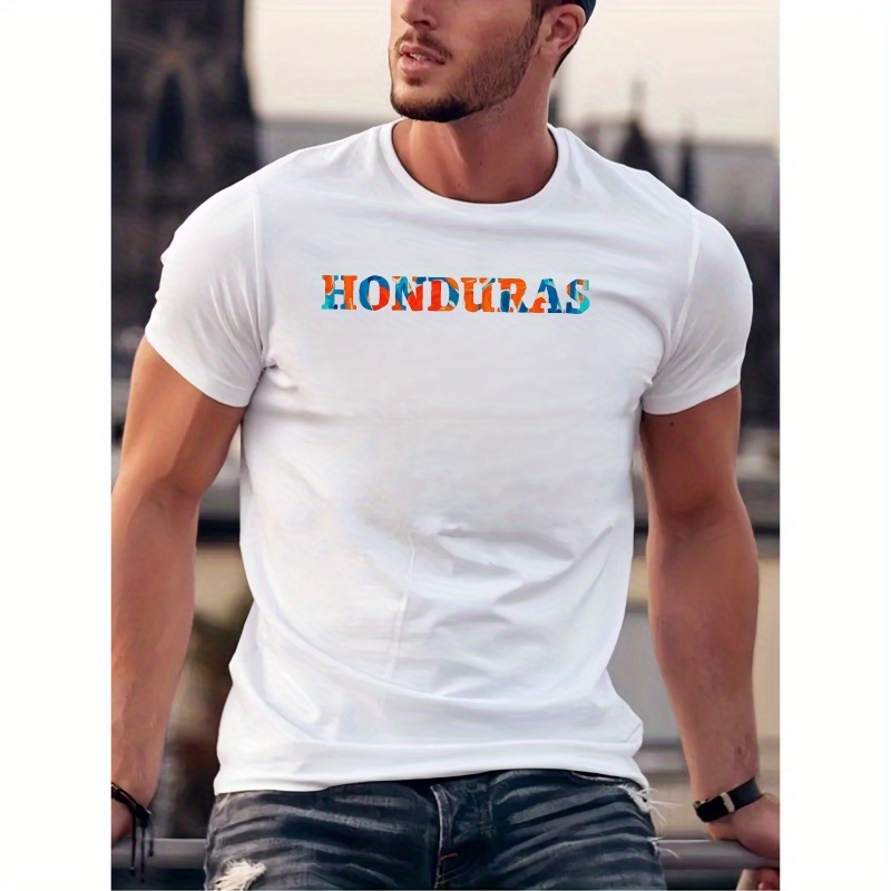 

Simple ' Honduras ' Alphabet Print Short Sleeve T-shirt For Men, Casual Crew Neck Top, Comfy Summer Clothing For Daily Wear & Outdoor Fitness