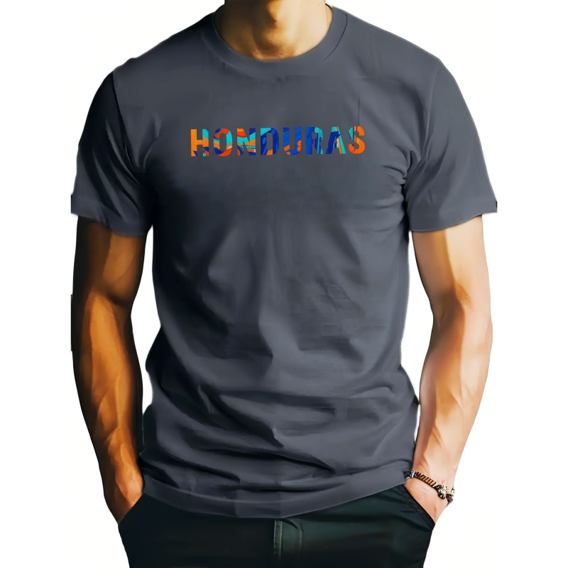 

' Honduras ' Letters Print Men's T-shirt, Casual Short Sleeve Crew Neck Top, Comfy Summer Clothing For Outdoor Fitness & Daily Wear