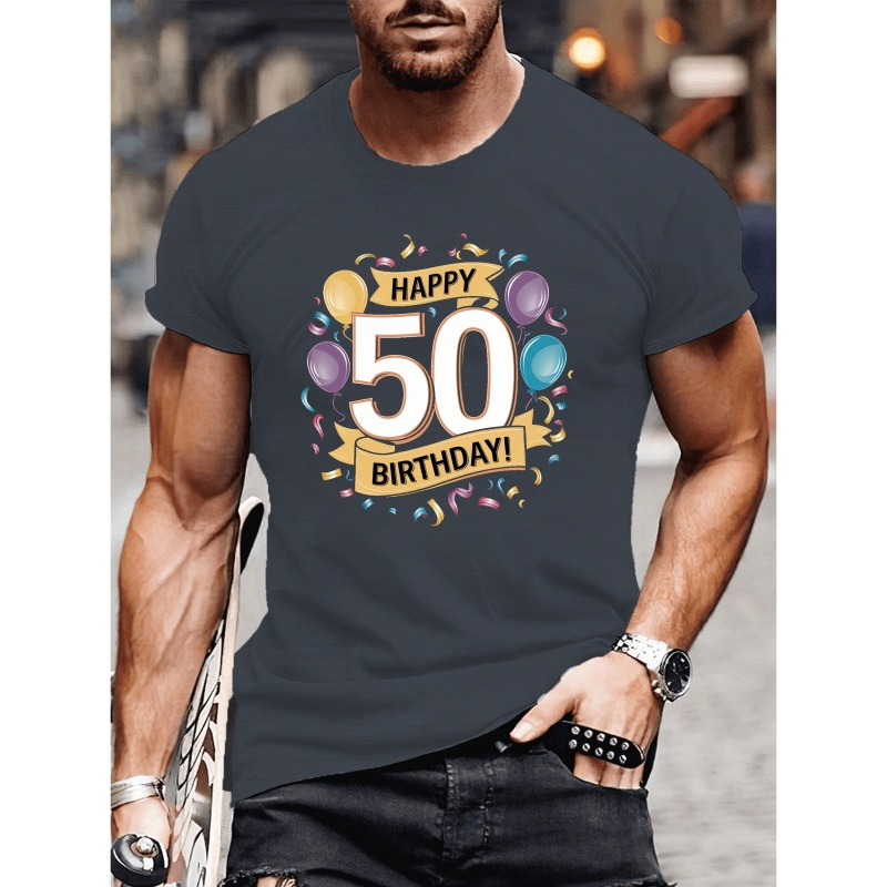 

Happy 50th Birthday Birthday Celebration T-shirt, Men's Crew Neck Short Sleeve Top, Casual Comfy Fit T-shirt For Daily And Outdoor Wear