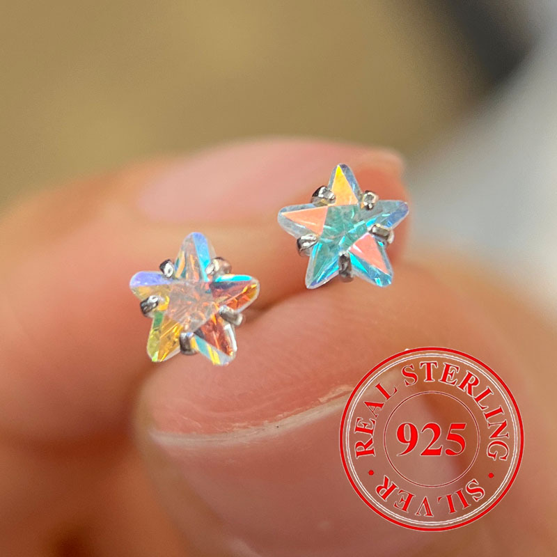 

925 Sterling Silver Hypoallergenic Illusionary Zirconia Star Stud Earrings For Women (jewelry 0.45g 0.015oz)