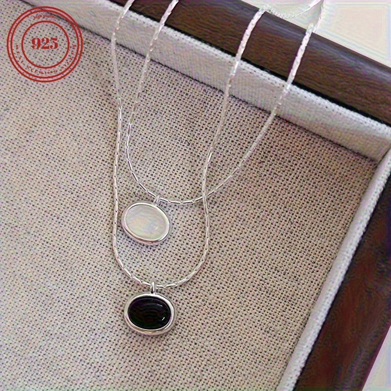 

Creative 925 Sterling Silver Oval Black And White Agate Clavicle Chain Valentine's Day Gift Pendant Necklace Jewelry With Gift Box.2.39g/0.08oz