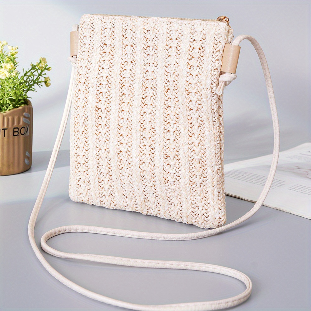 

Women's Summer Fashion Crossbody Phone Bag, Mini Solid Color Straw Woven, Mini Shoulder Purse With Zipper Closure